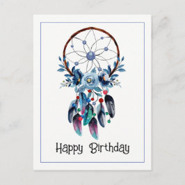 Cartão Postal Boho Blue Dreamcatcher Feather Floral Happy Bday