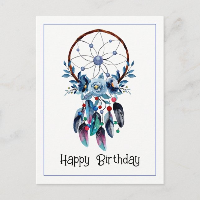 Cartão Postal Boho Blue Dreamcatcher Feather Floral Happy Bday (Frente)