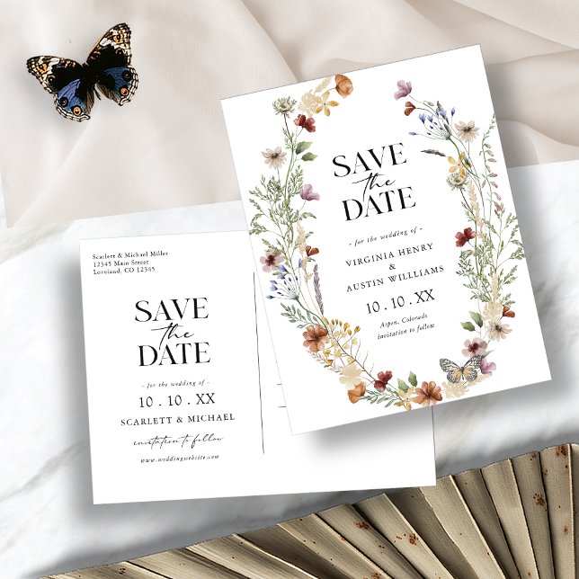 Cartão postal Boho Branco Save The Date (Elegant Boho White Floral Save The Date Postcard by Painted Paperie)