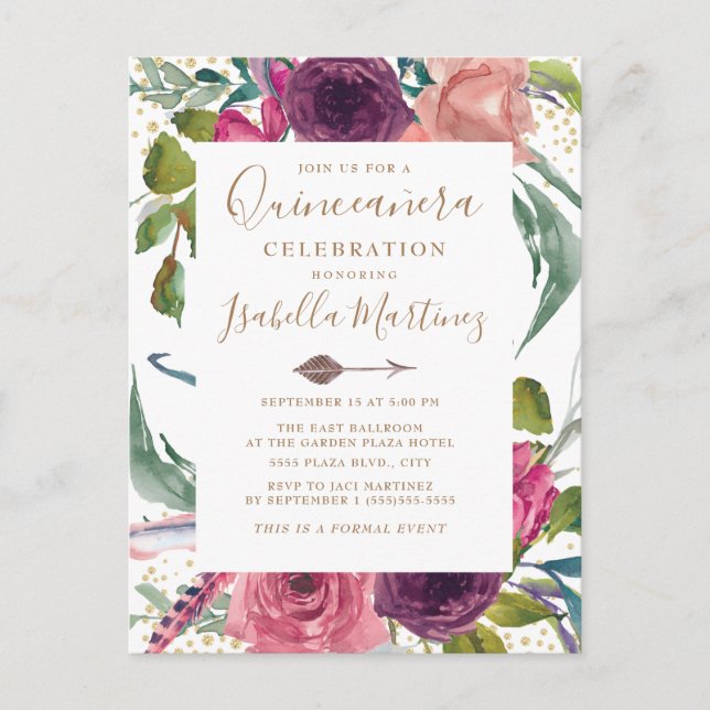 Cartão Postal Boho Burgundy Blush Cor-de-Rosa (Frente)