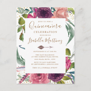 Cartão Postal Boho Burgundy Blush Rosa Floral Quinceañera