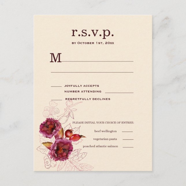 Cartão Postal Boho Burgundy Rose RSVP (Frente)