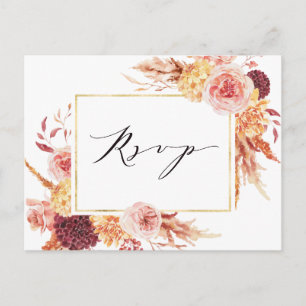 Cartão Postal Boho Burgundy Terracotta Flores Casamento RSVP
