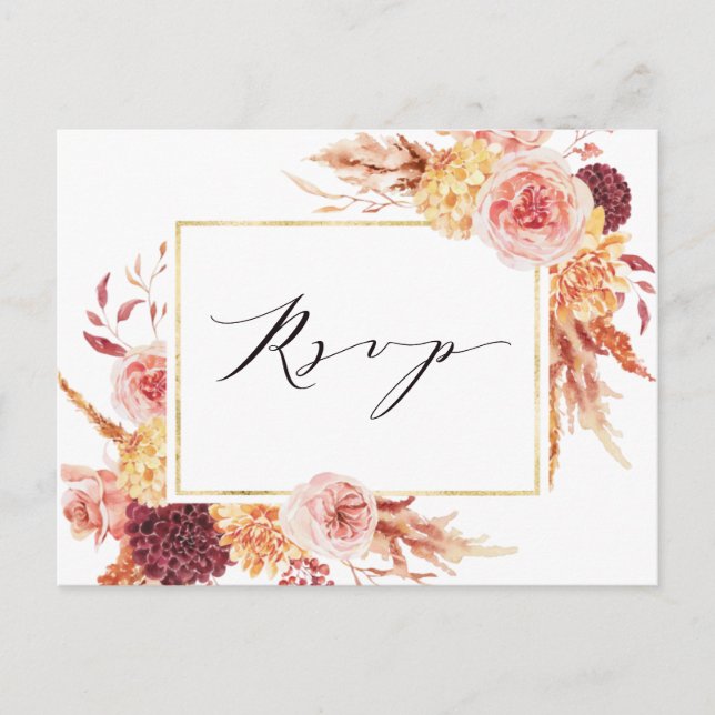 Cartão Postal Boho Burgundy Terracotta Flores Casamento RSVP (Frente)