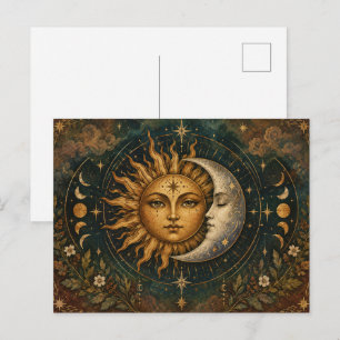 Cartão Postal Boho Celestial Sol e Lua Escuro Hippie