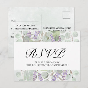Cartão Postal Boho Chic Eucalipto e Casamento RSVP Lavanda