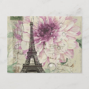 Cartão Postal Boho Chic floral Vintage Paris Torre Eiffel