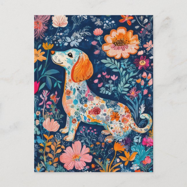 Cartão Postal Boho Dackel mit Blumen (Frente)