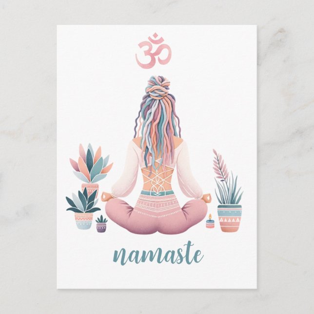 Cartão Postal Boho Design- Frau mit Dreadlocks- Meditation- OM (Frente)