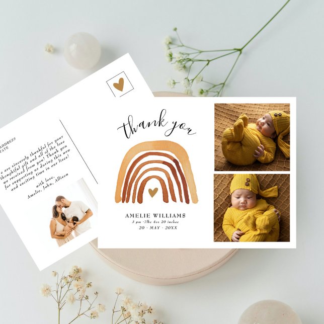 Cartão Postal Boho Fall Rainbow 2 Foto Novo Bebê Obrigado (Criador carregado)