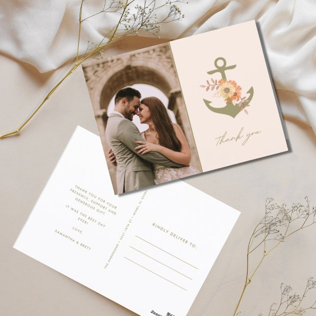 Cartão Postal Boho Floral Anchor Foto De Casamento Obrigado (Boho Nautical Photo Wedding Thank You Postcards)