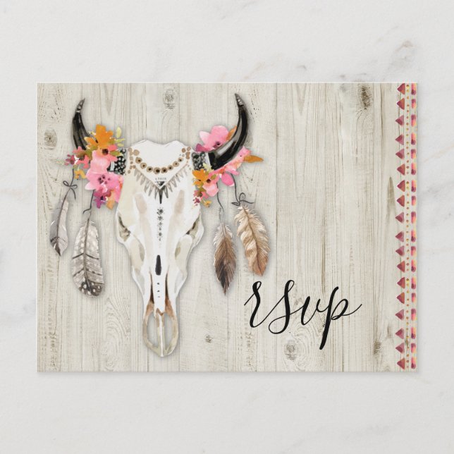 Cartão Postal Boho Floral Antler Skull Rustic Wood RSVP Casament (Frente)