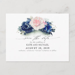Cartão Postal Boho Floral Azul-Rosa e Marinho Salvar a Data