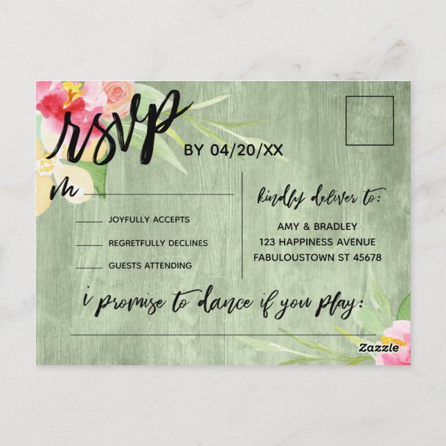 Cartão Postal Boho Floral Green Rustic Wood Song RSVP (Verso)