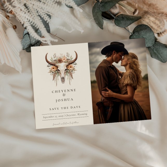 Cartão Postal Boho Floral Skull Western Weding Date (Criador carregado)