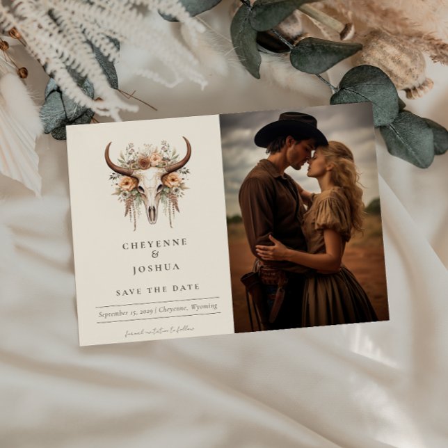 Cartão Postal Boho Floral Skull Western Weding Date (Criador carregado)