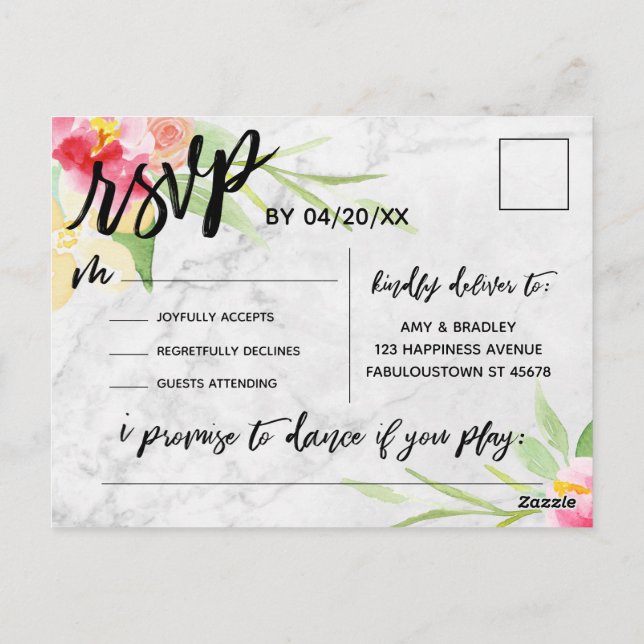 Cartão Postal Boho Floral Subtle Marble Song Request RSVP (Verso)