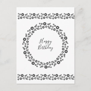 Cartão Postal Boho flores Wreath Black and White cumprimentos
