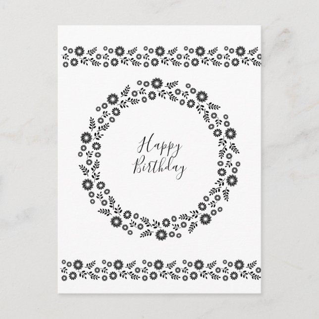 Cartão Postal Boho flores Wreath Black and White cumprimentos (Frente)