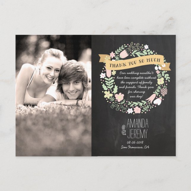 Cartão Postal Boho Flower Wreath Rustic Chalkboard Casamento (Frente)