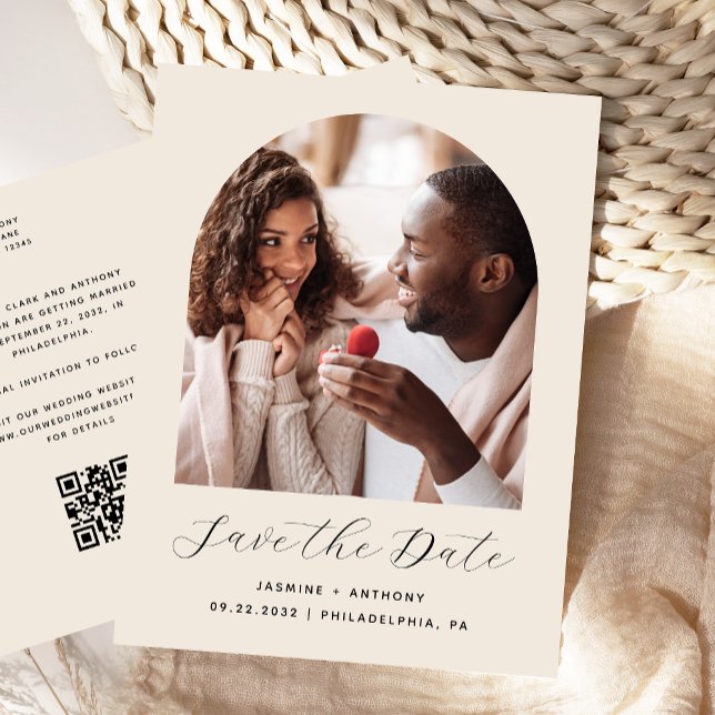 Cartão Postal Boho Foto Arco Bege Código QR Save the Date (Criador carregado)
