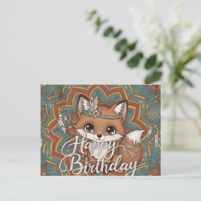 Cartão Postal Boho Fox Happy Birthday Card  (Em pé/Frente)