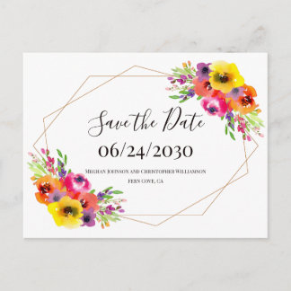 Cartão Postal Boho Geométrico Watercolor Floral Guardar a Data