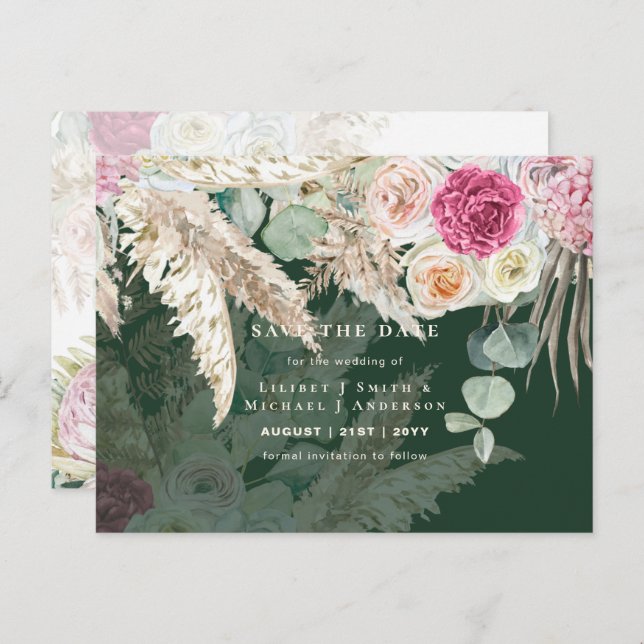 Cartão Postal BOHO Grama das Pampas Floral Casamento Salve a Dat (Frente/Verso)