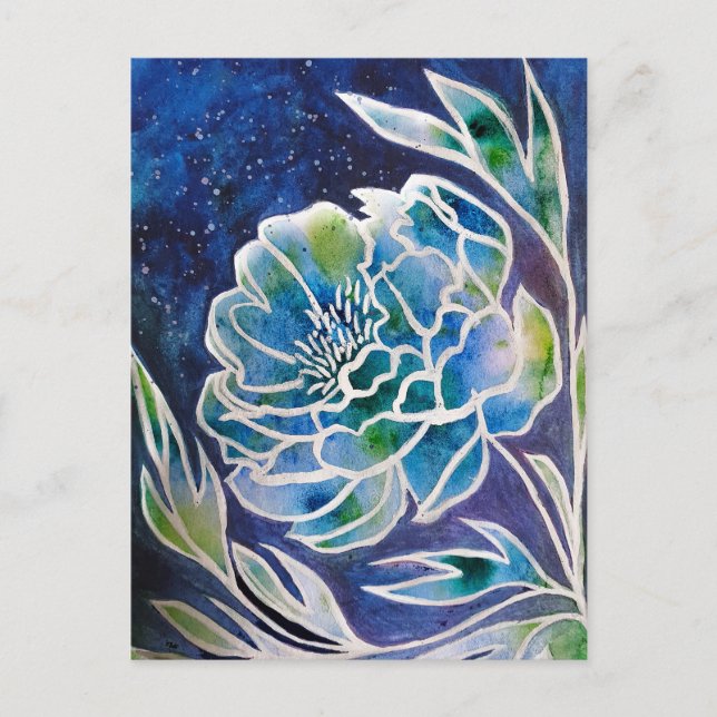 Cartão Postal Boho Marinho Azul Celestial Dahlia Floral Aquarela (Frente)