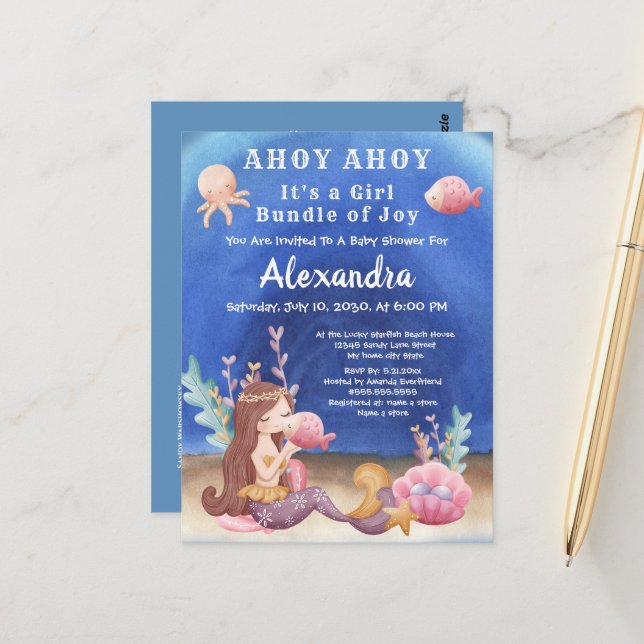 Cartão Postal Boho Mermaid, Chá de fraldas Tropical de Rapariga  (Frente/Verso In Situ)