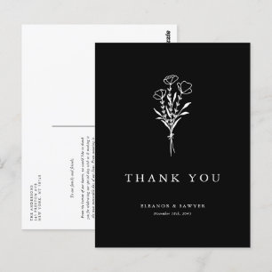 Cartão Postal Boho Minimalista Botânico Casamento Negro Obrigado