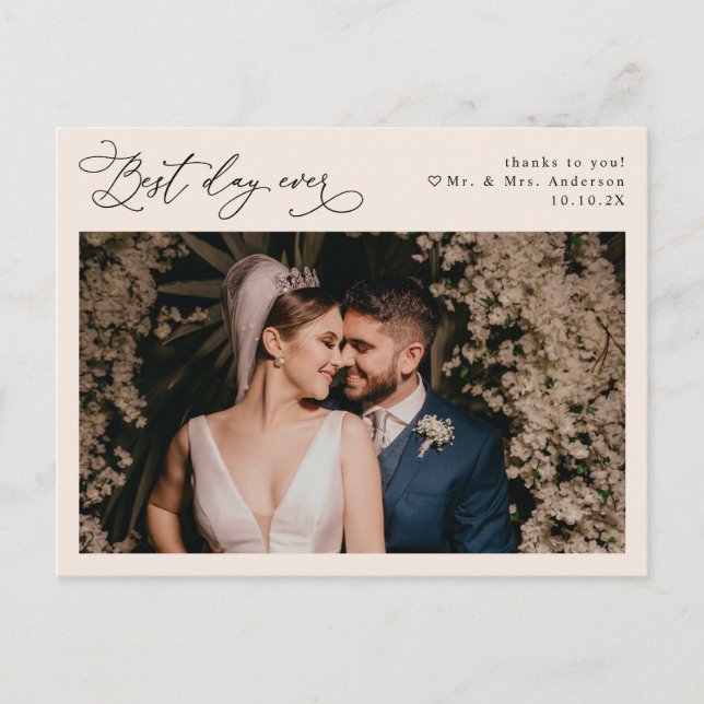 Cartão Postal Boho Neutral Blush Foto Simples De Casamento Obrig (Frente)