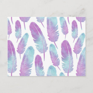 Cartão Postal Boho Pena Aquarela Roxo e Azul