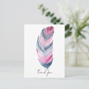 Cartão Postal Boho Pena Rosa Cinza Aquarela Obrigada
