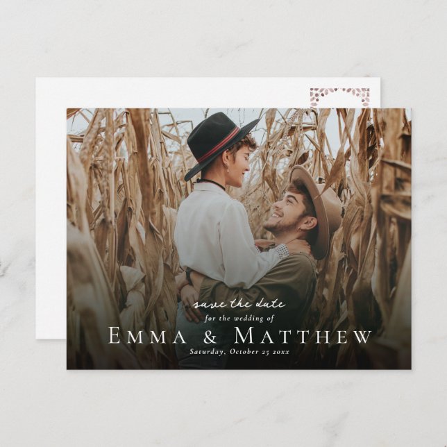 Cartão Postal Boho Photo Save the Date with Marroquino Brown Azu (Frente/Verso)