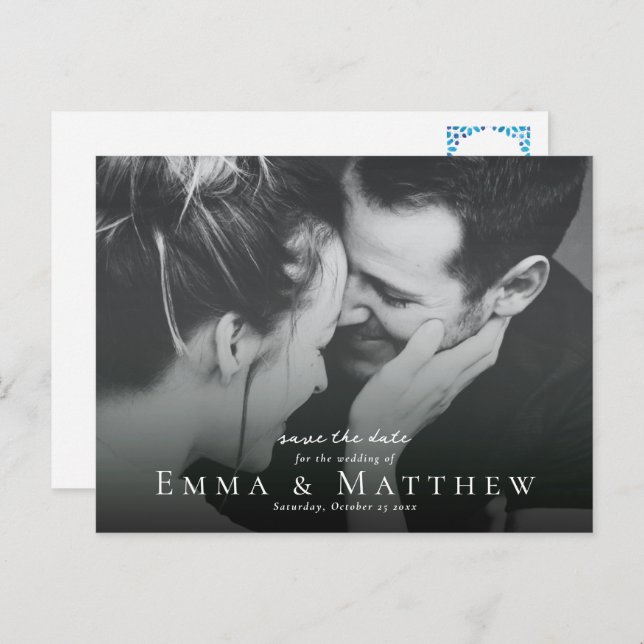 Cartão Postal Boho Photo Save the Date with Marrox Blue Azulejo  (Frente/Verso)