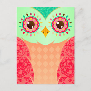 Cartão Postal Boho Red & Green Owl