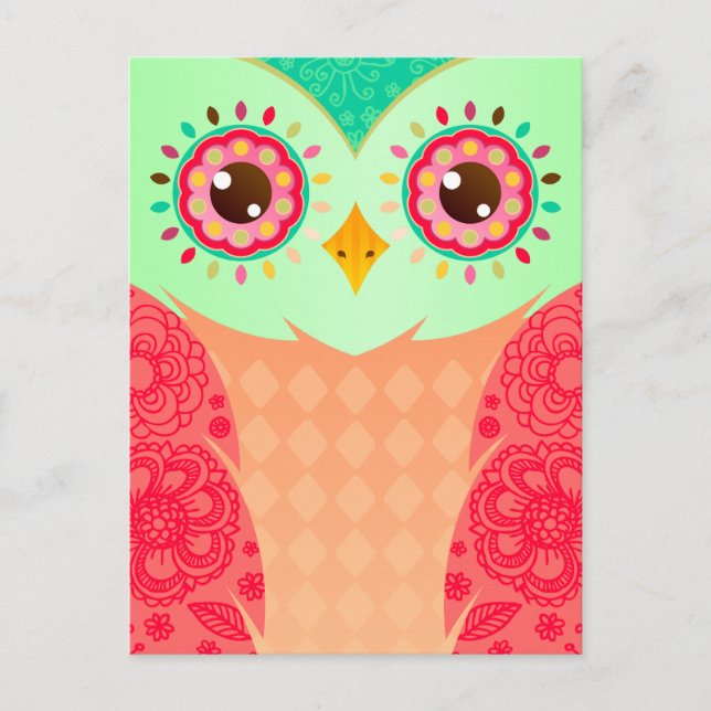 Cartão Postal Boho Red & Green Owl (Frente)