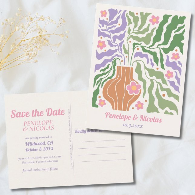 Cartão Postal Boho Retro Casamento Floral Salve o Cartão-Postal  (Boho Retro Floral Wedding Save the Date Postcard)