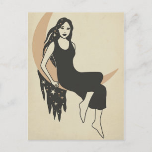 Cartão Postal Boho retro mulher estrela longa lua de cabelos com
