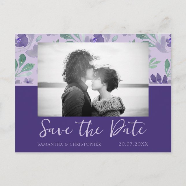 Cartão Postal Boho Roxo Escuro Salve o Casamento Data (Frente)