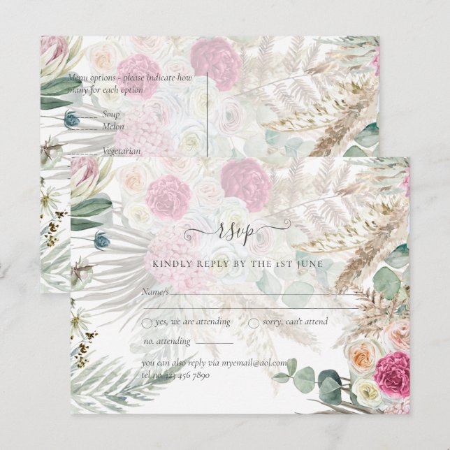 Cartão Postal BoHO RSVP Pink Floral Pampas Grass Casamento (Frente/Verso)