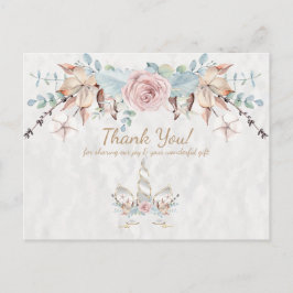 Cartão Postal Boho Rustic Woodland Floral Unicorn Obrigado