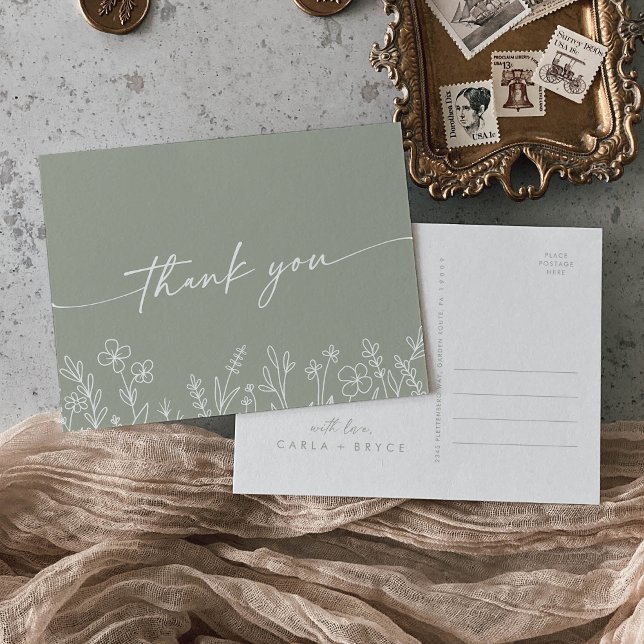 Cartão Postal Boho Sage Green Wildflower Wedding Thank You (Criador carregado)