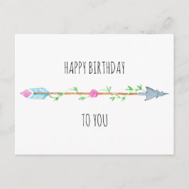 Cartão Postal Boho Seta Rosa Floral e Folhagem Feliz Aniversário