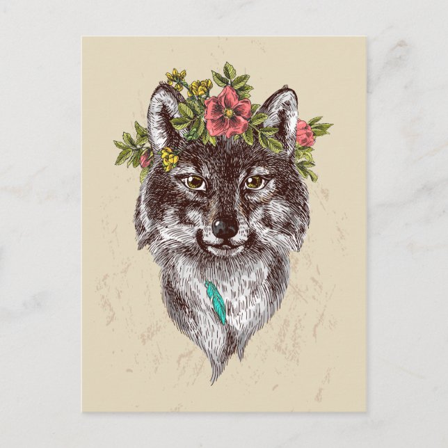 Cartão Postal Boho Style Wolf Halo Retrato (Frente)