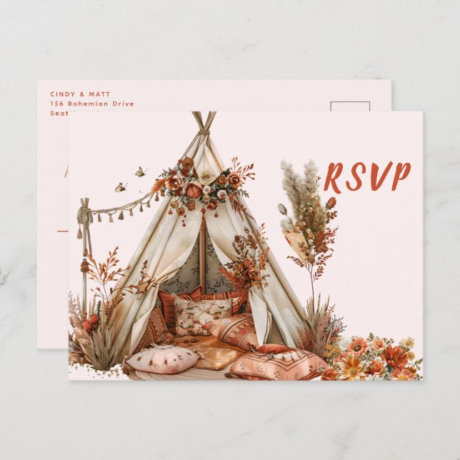 Cartão Postal Boho Tent Feenas Casamento RSVP (Frente/Verso)
