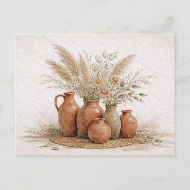 Cartão Postal Boho Terracotta Vase Pampas Grass Floral  (Frente)