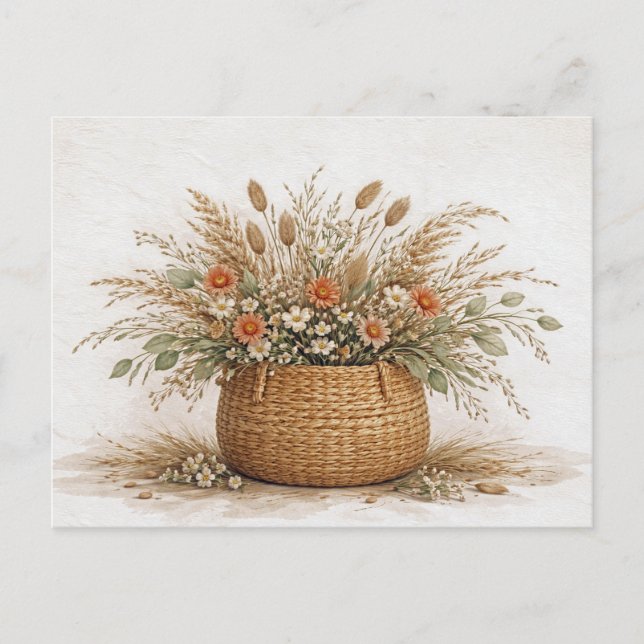 Cartão Postal Boho Wildflower Basket Dried Botanical Watercolor  (Frente)