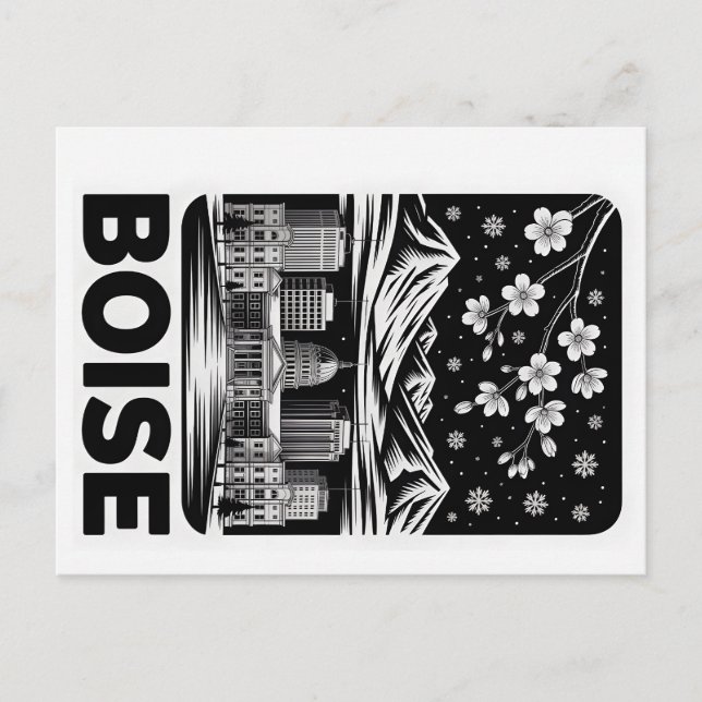 Cartão Postal Boise Skyline Black and White Woodcut Winter  (Frente)